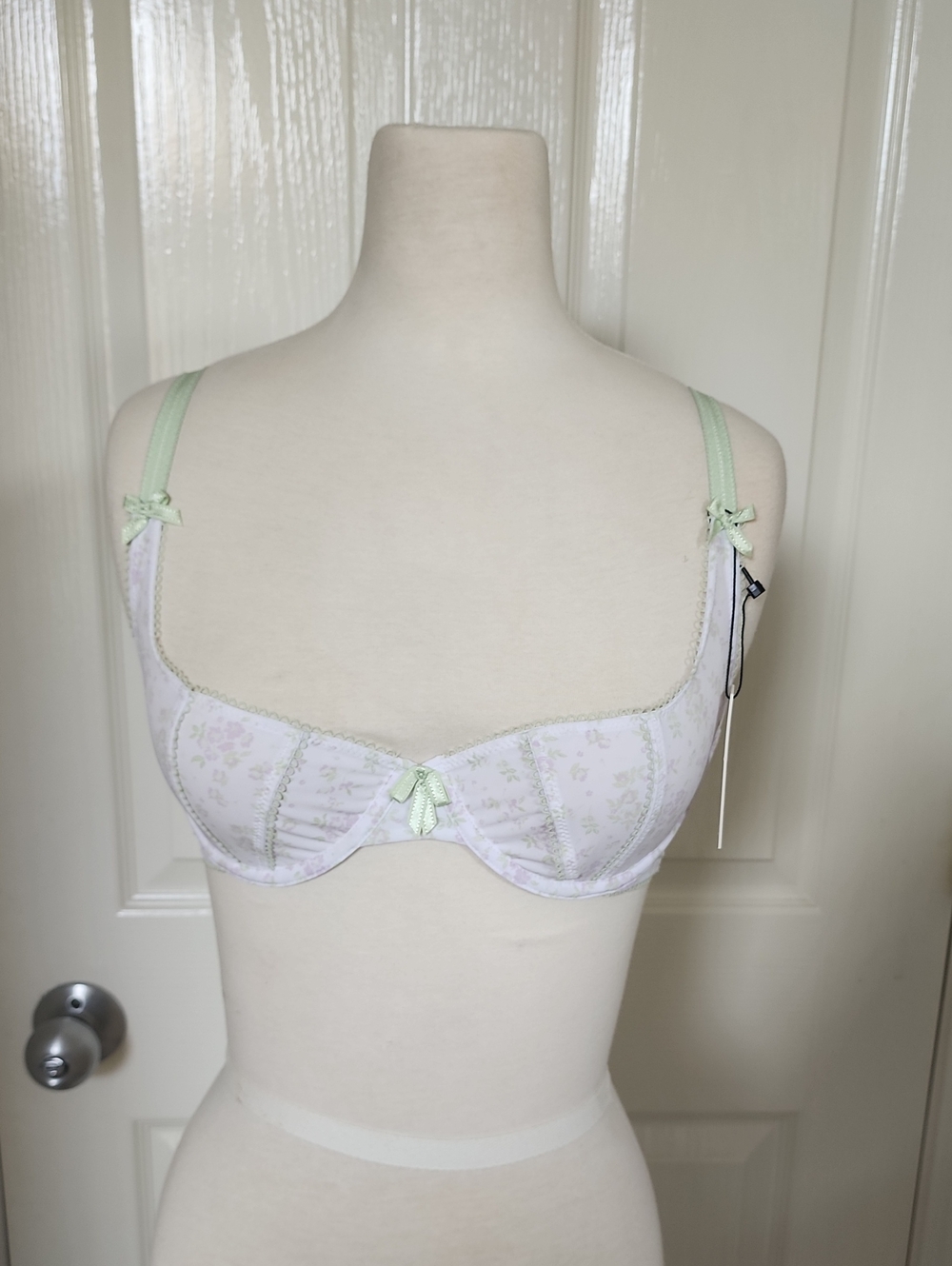 Women's Light Green Bow Floral Underwire Bra & 2 Pairs Underwear Set